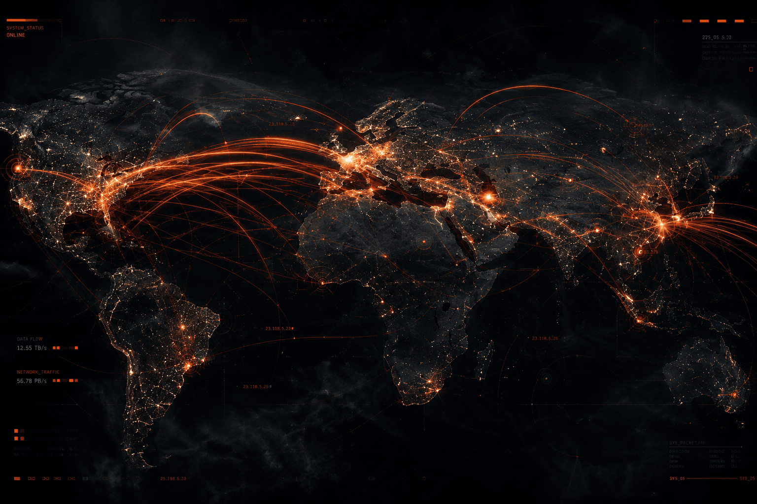 Carte du monde stylisée en lignes de données orange lumineuses sur fond noir, symbolisant la guerre mondiale des données