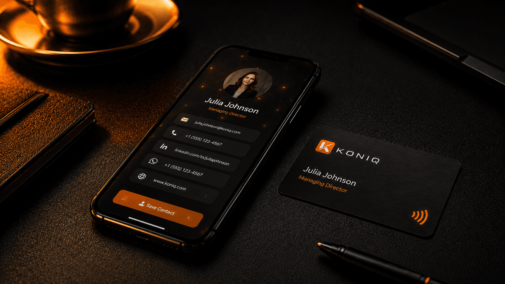 Smartphone affichant un réseau de connexions lumineuses orange posé près d'une carte NFC noire