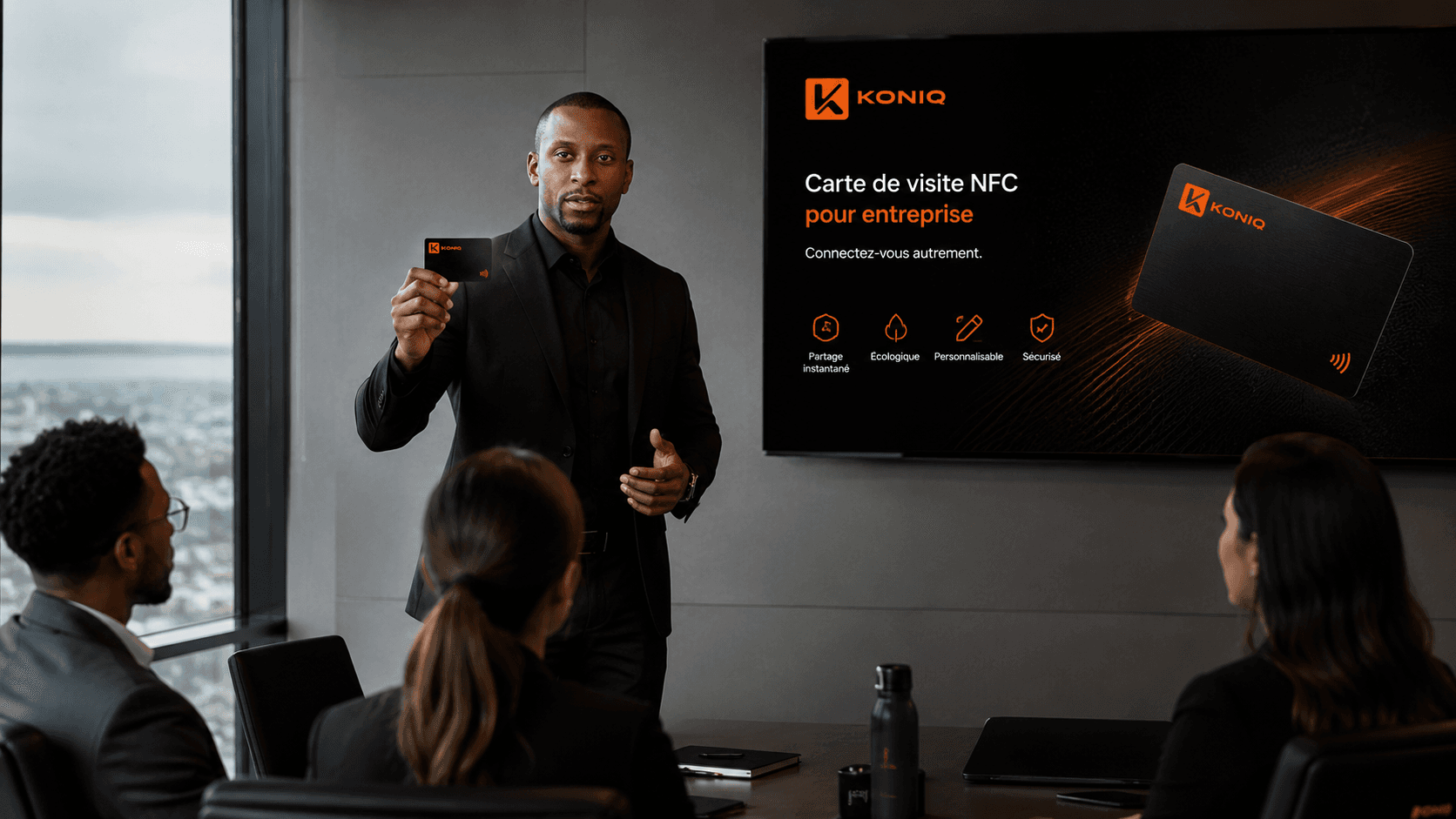 Carte de visite NFC noire KONIQ tenue à la main lors d'un échange professionnel